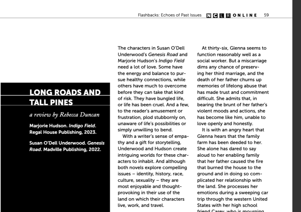 Screencapture of the title and first paragraph of a review of Genesis Road by Rebecca Duncan for the North Carolina Literary Review, NCLR